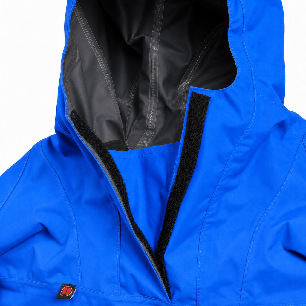 The venting opening with velcro closure and inner hood showing waterproof taping