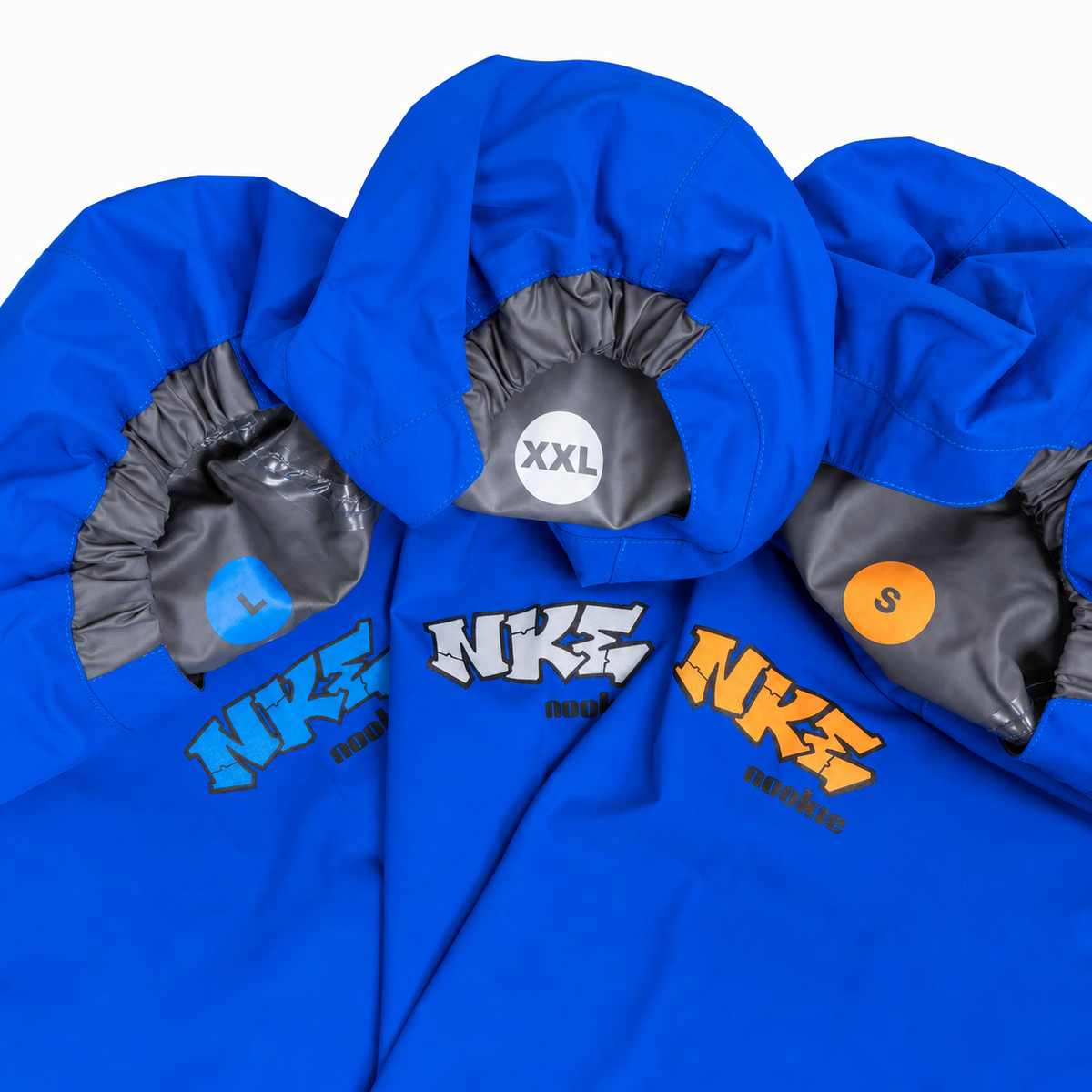Colour coded NKE logos on the arms and clear size stamp with corresponding colours on the inside of the hoods