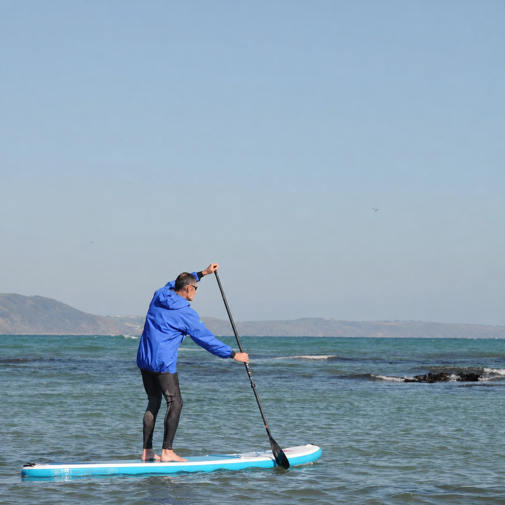 A man stands on a paddleboard on the ocean, wearing a bright blue NKE Centre Smock hooded jacket and Nookie Full Length Wetsuit Strides